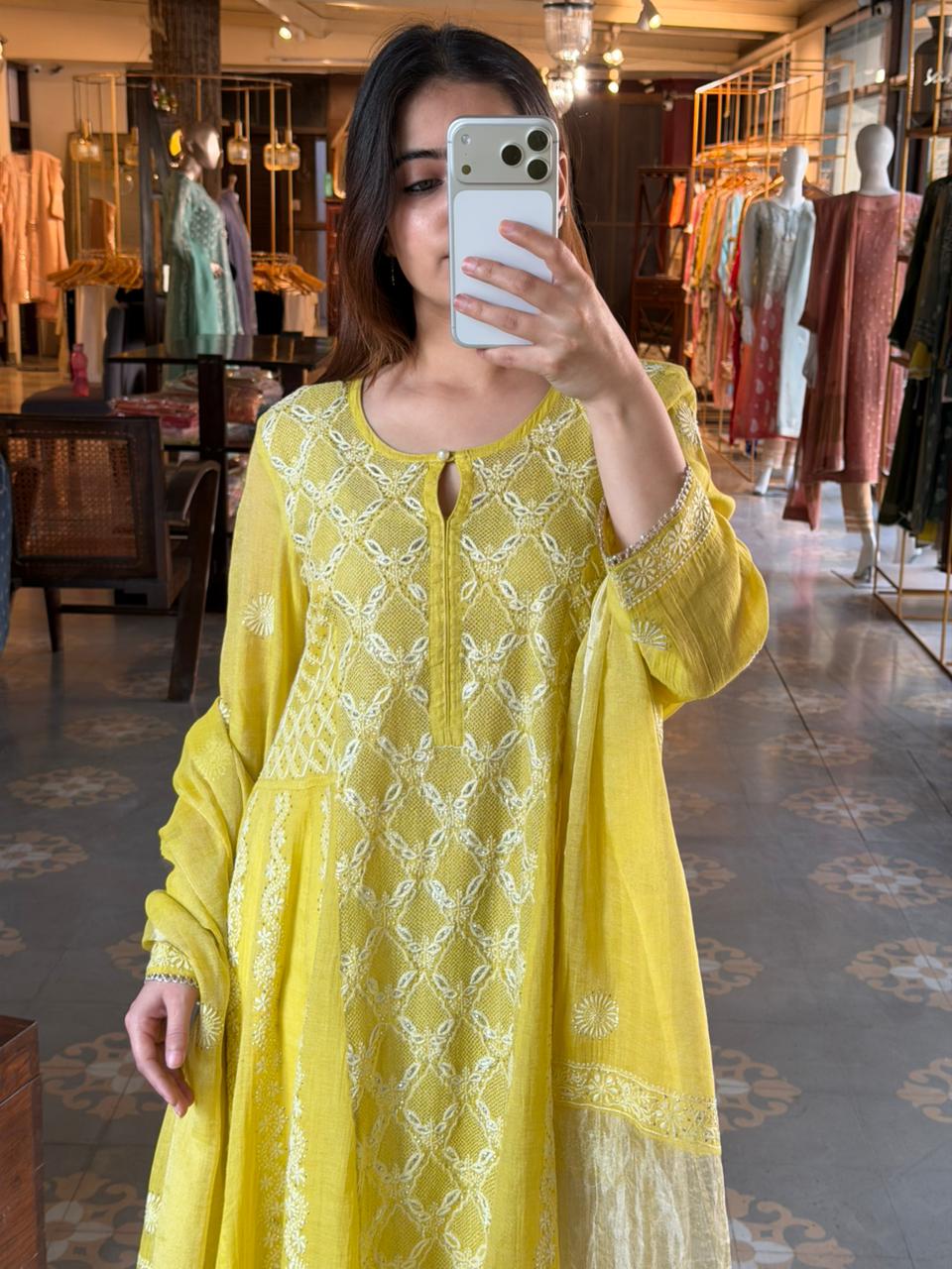 Neon Shade Shade | Tissue Silk Chikankari Work Kalidaar Kurta Dupatta Set