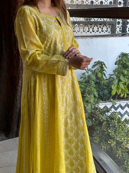 Neon Shade Shade | Tissue Silk Chikankari Work Kalidaar Kurta Dupatta Set