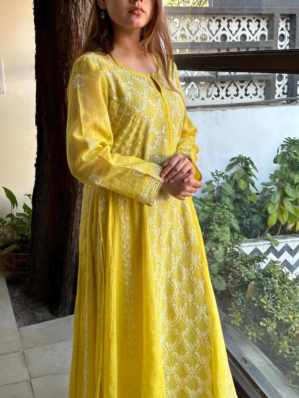 Neon Shade Shade | Tissue Silk Chikankari Work Kalidaar Kurta Dupatta Set