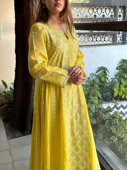 Neon Shade Shade | Tissue Silk Chikankari Work Kalidaar Kurta Dupatta Set