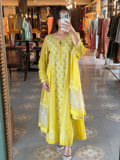Neon Shade Shade | Tissue Silk Chikankari Work Kalidaar Kurta Dupatta Set