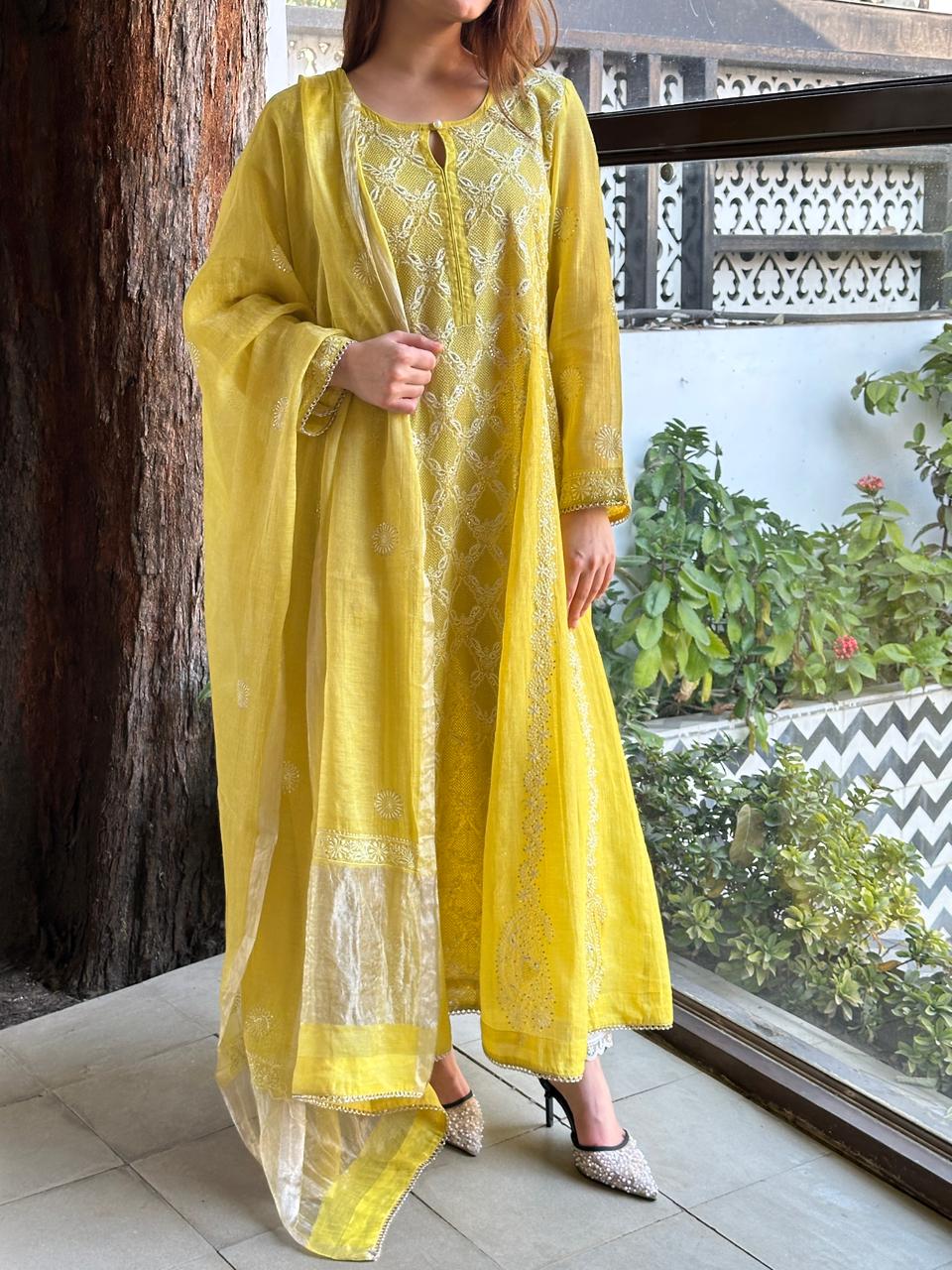 Neon Shade Shade | Tissue Silk Chikankari Work Kalidaar Kurta Dupatta Set