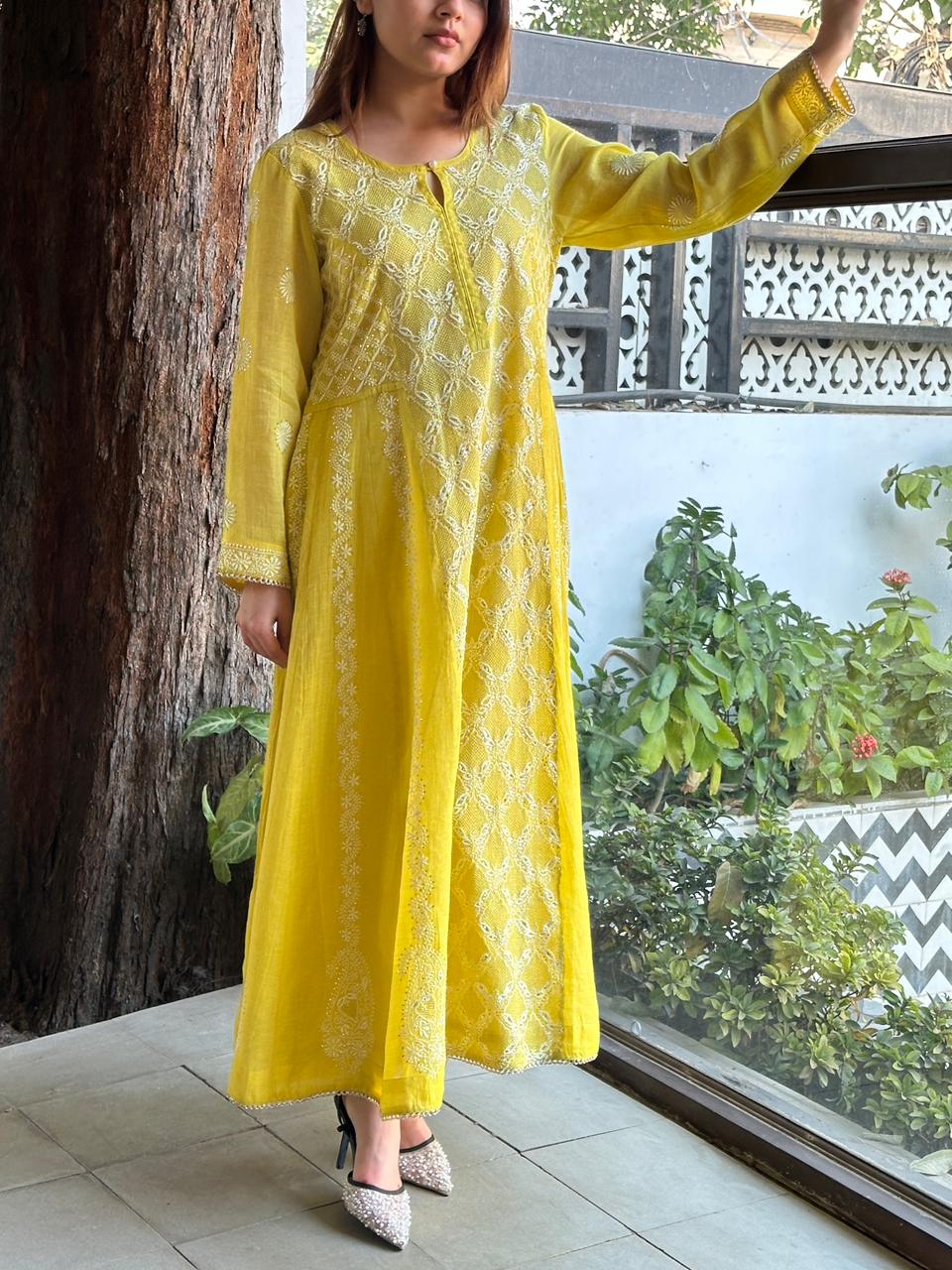 Neon Shade Shade | Tissue Silk Chikankari Work Kalidaar Kurta Dupatta Set