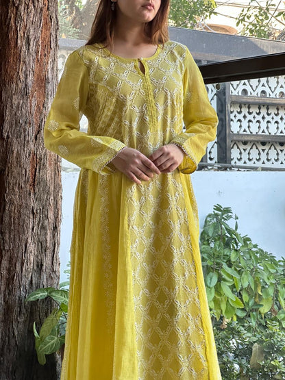 Neon Shade Shade | Tissue Silk Chikankari Work Kalidaar Kurta Dupatta Set