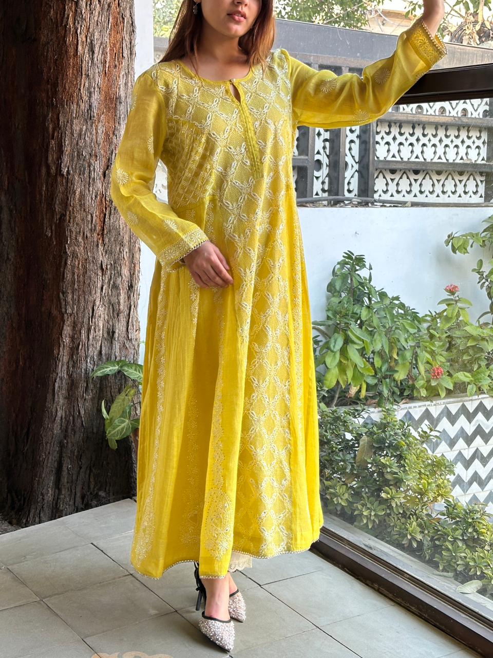 Neon Shade Shade | Tissue Silk Chikankari Work Kalidaar Kurta Dupatta Set