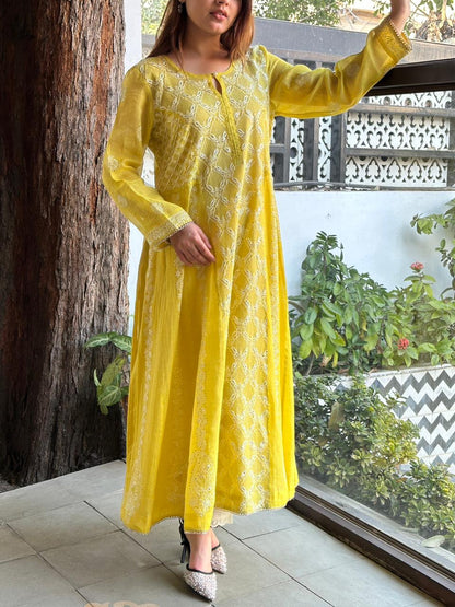 Neon Shade Shade | Tissue Silk Chikankari Work Kalidaar Kurta Dupatta Set