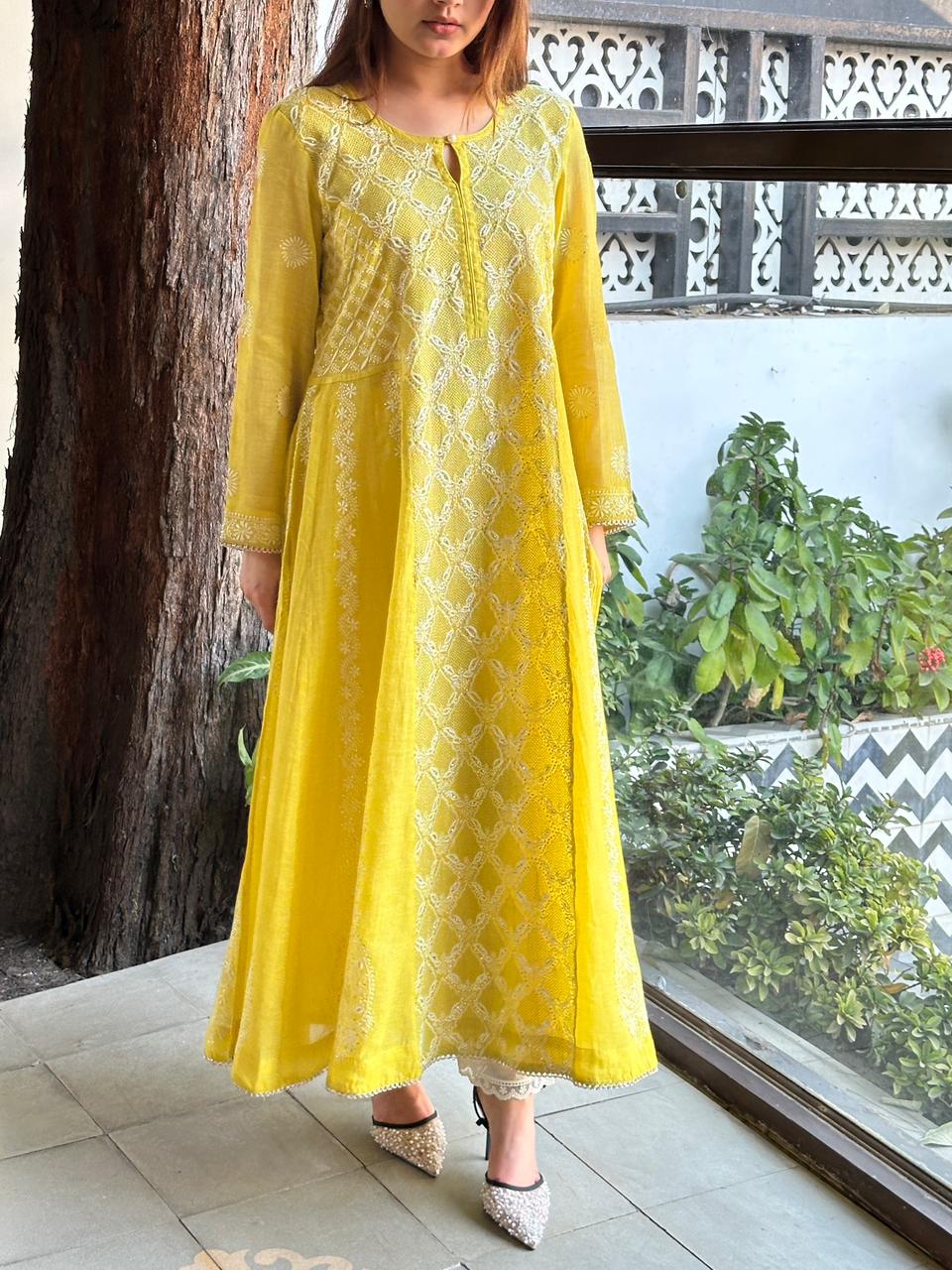 Neon Shade Shade | Tissue Silk Chikankari Work Kalidaar Kurta Dupatta Set