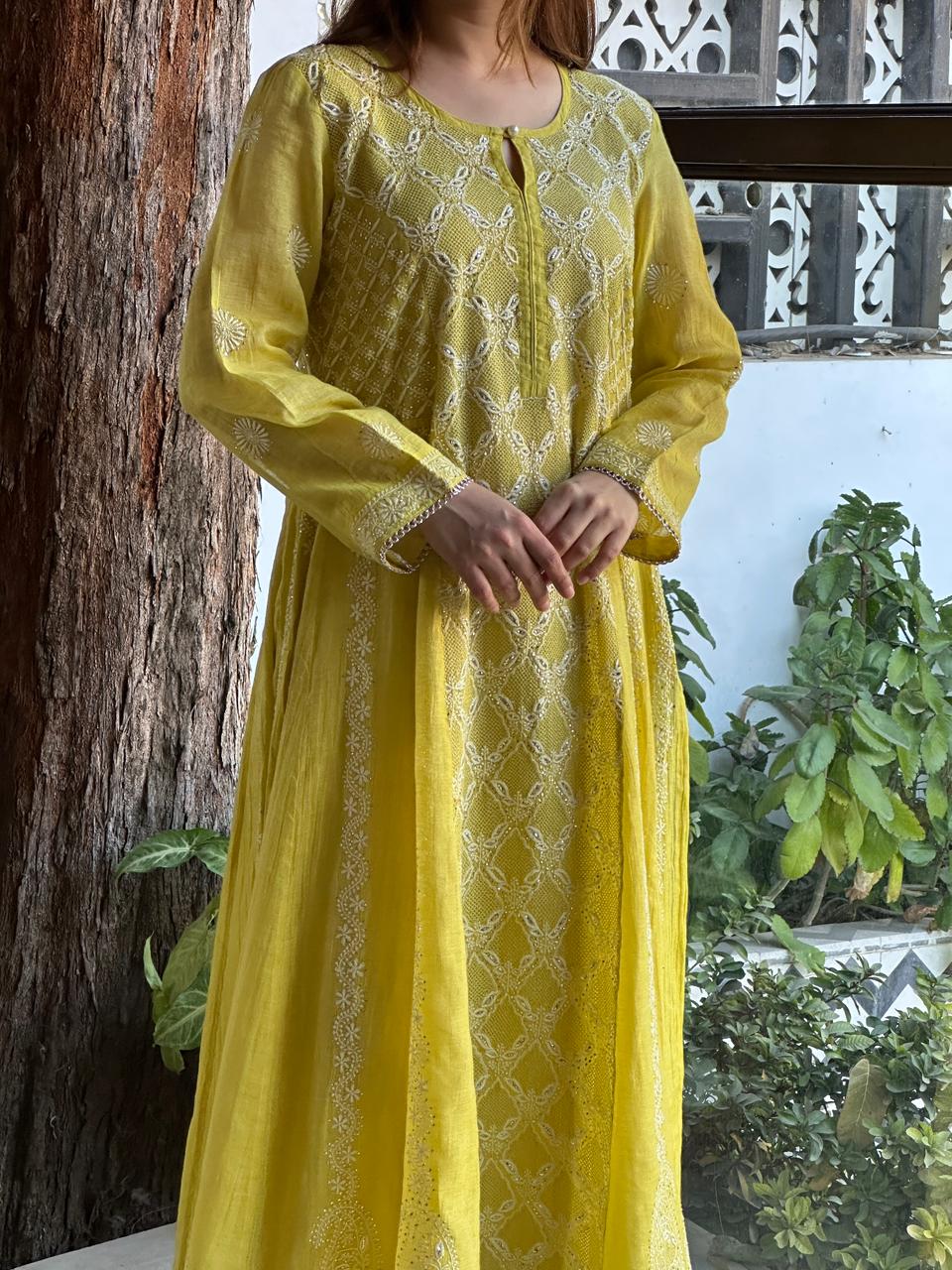 Neon Shade Shade | Tissue Silk Chikankari Work Kalidaar Kurta Dupatta Set