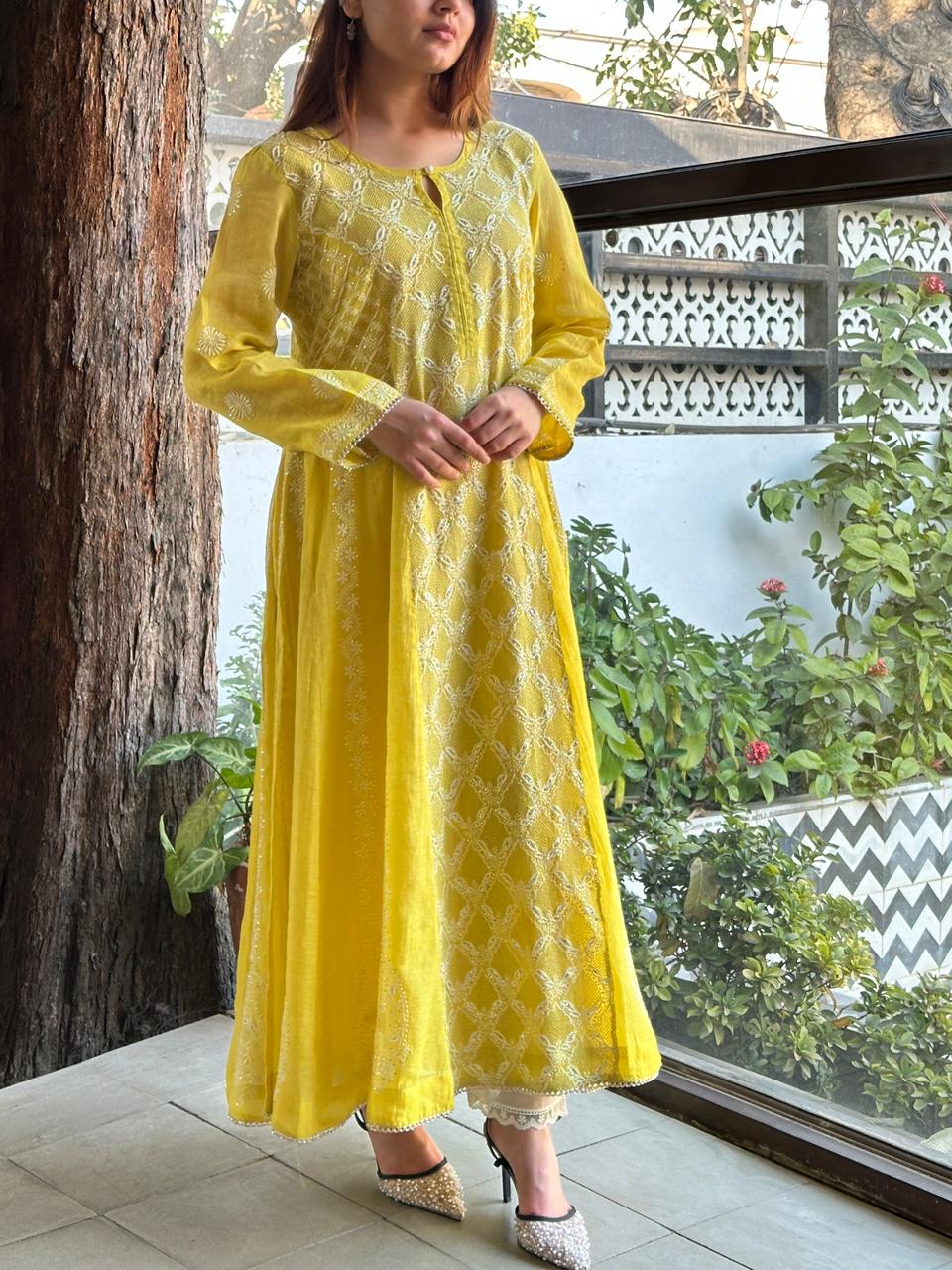 Neon Shade Shade | Tissue Silk Chikankari Work Kalidaar Kurta Dupatta Set