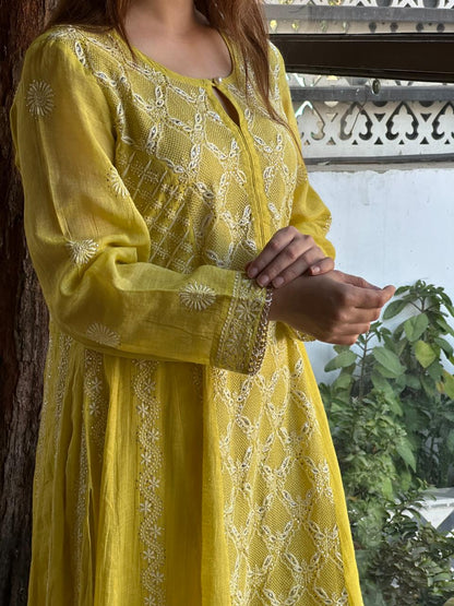 Neon Shade Shade | Tissue Silk Chikankari Work Kalidaar Kurta Dupatta Set