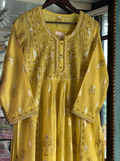 Neon Yellow Zari Chanderi Chikankari Ready to Wear Tunics