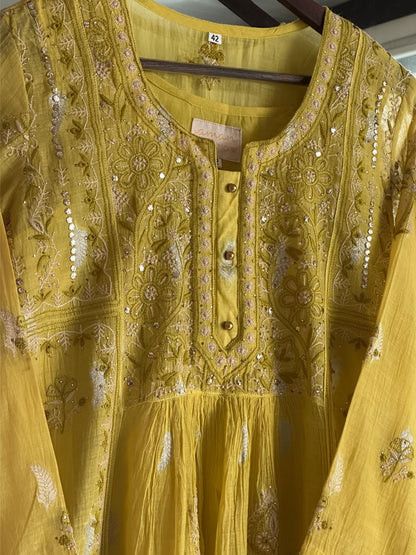 Neon Yellow Zari Chanderi Chikankari Ready to Wear Tunics