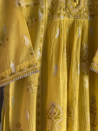Neon Yellow Zari Chanderi Chikankari Ready to Wear Tunics