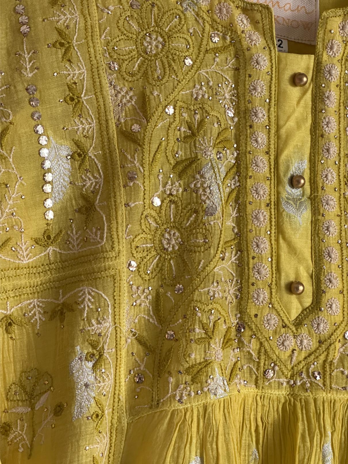 Neon Yellow Zari Chanderi Chikankari Ready to Wear Tunics