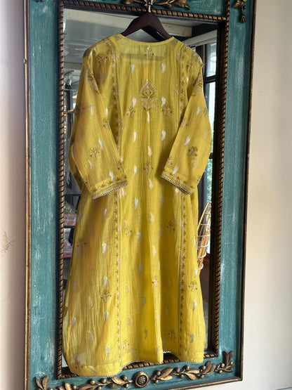 Neon Yellow Zari Chanderi Chikankari Ready to Wear Tunics