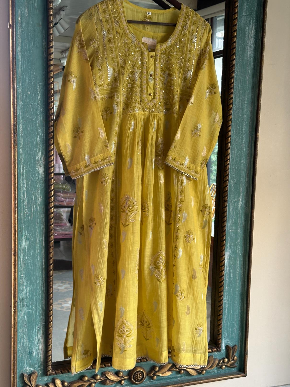 Neon Yellow Zari Chanderi Chikankari Ready to Wear Tunics