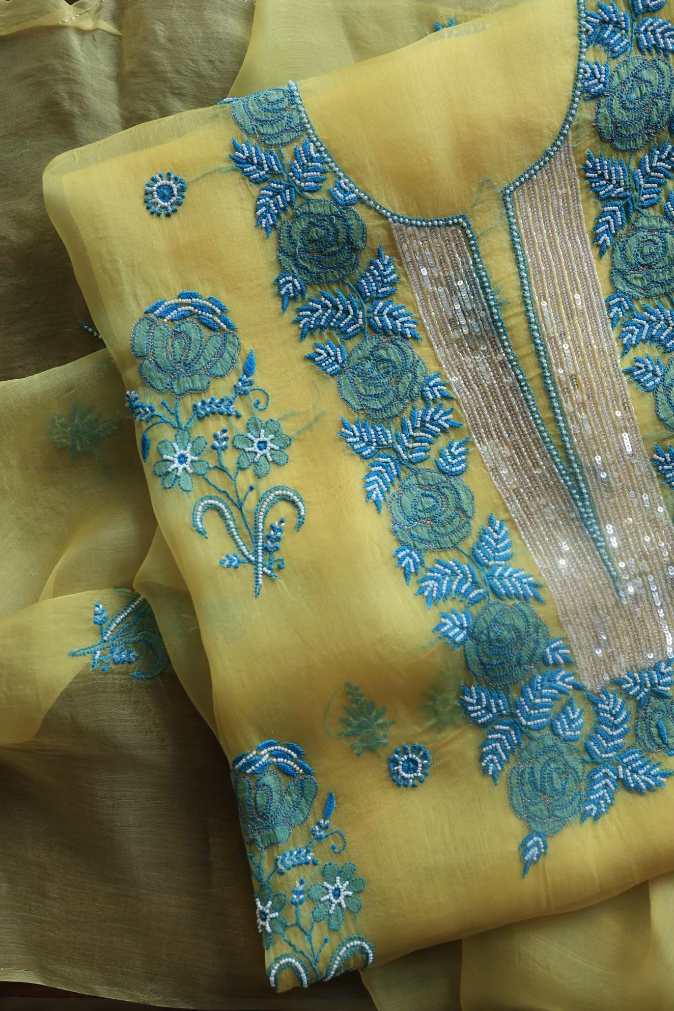 Neon Noor Organza Silk Chikankari Unstitched Kurta Dupatta Set