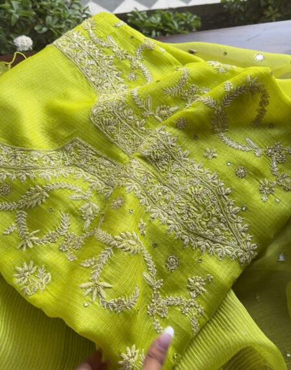 Neon work Tussar Kota Chikankari Kurta set fabric