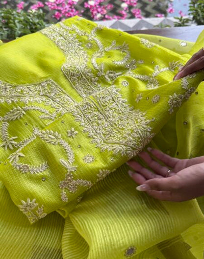 Neon work Tussar Kota Chikankari Kurta set fabric