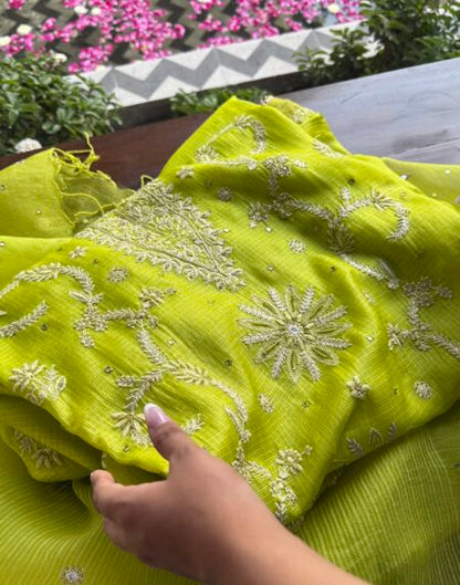 Neon work Tussar Kota Chikankari Kurta set fabric