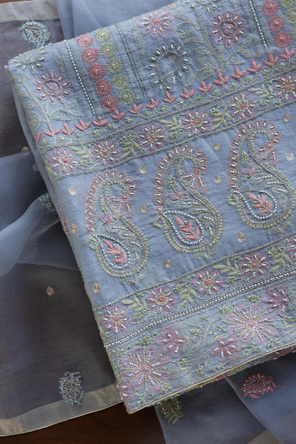 Blue Noor Banarasi Organza Chikankari Unstitched Fabrics