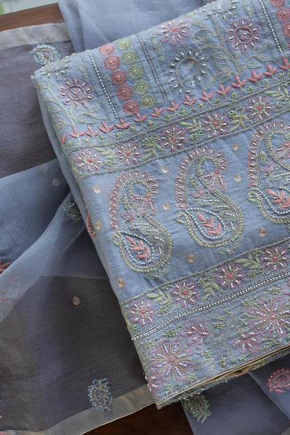 Blue Noor Banarasi Organza Chikankari Unstitched Fabrics