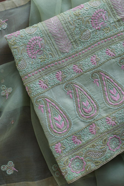Green Noor Banarasi Organza Chikankari Unstitched Fabrics