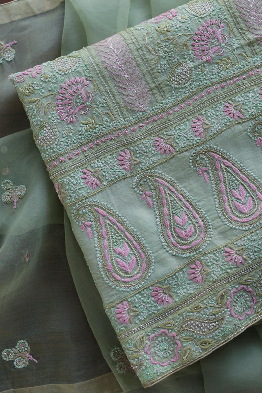 Green Noor Banarasi Organza Chikankari Unstitched Fabrics