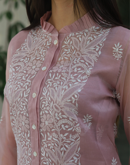Noor Organza Chikankari Frill Collar Ready To Wear Short Top