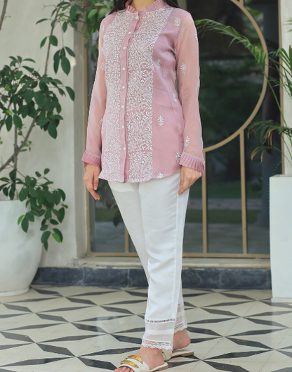 Noor Organza Chikankari Frill Collar Ready To Wear Short Top