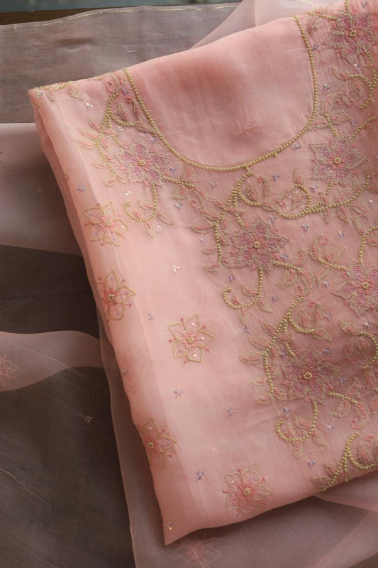 Pastel Peach Noor Organza Silk Chikankari Unstitched Kurta Dupatta Set