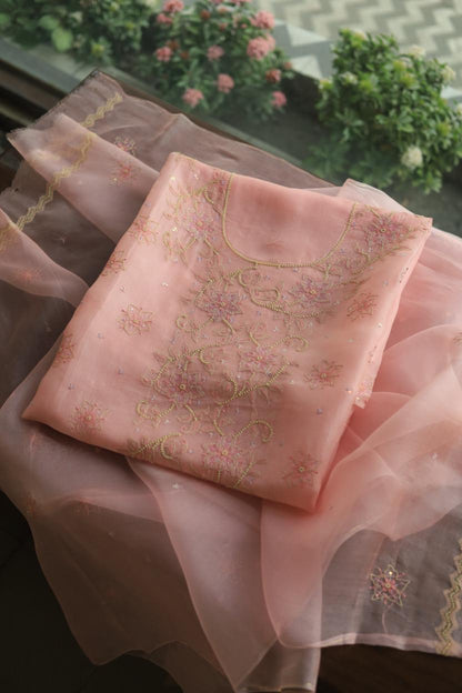 Pastel Peach Noor Organza Silk Chikankari Unstitched Kurta Dupatta Set