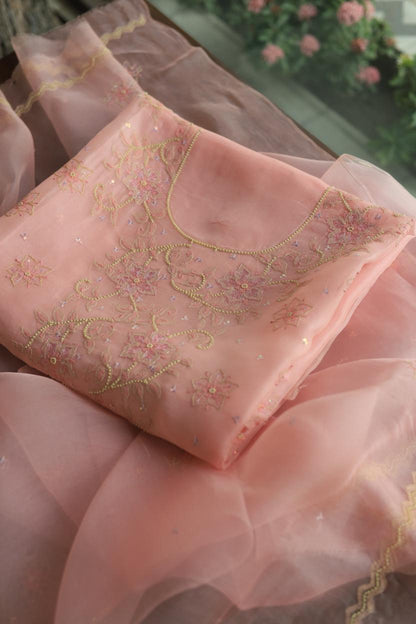 Pastel Peach Noor Organza Silk Chikankari Unstitched Kurta Dupatta Set