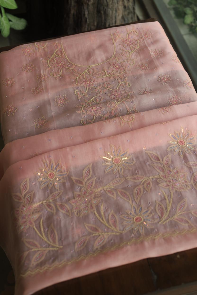 Pastel Peach Noor Organza Silk Chikankari Unstitched Kurta Dupatta Set