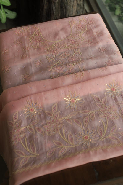 Pastel Peach Noor Organza Silk Chikankari Unstitched Kurta Dupatta Set