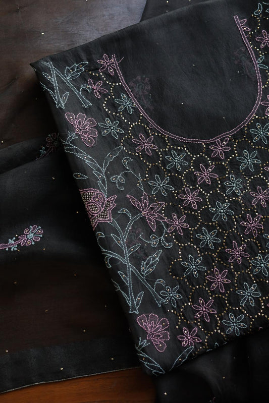 Noor Organza Silk Chikankari Mukaish Kamdani Unstitched Fabric