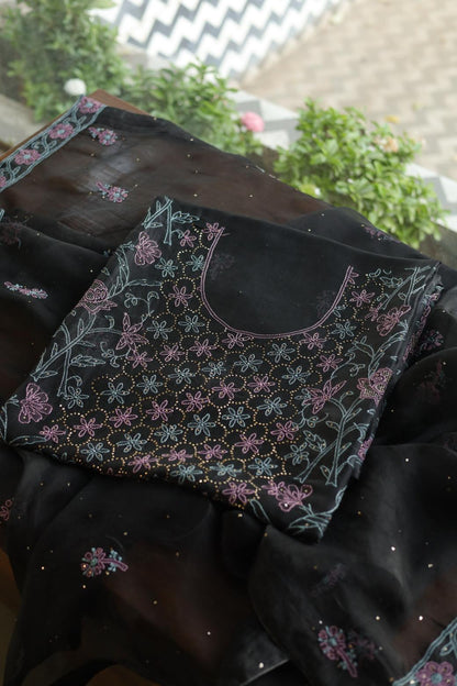 Noor Organza Silk Chikankari Mukaish Kamdani Unstitched Fabric