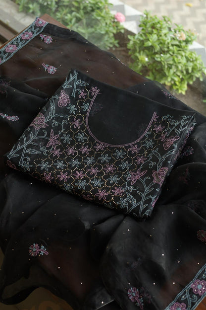 Noor Organza Silk Chikankari Mukaish Kamdani Unstitched Fabric
