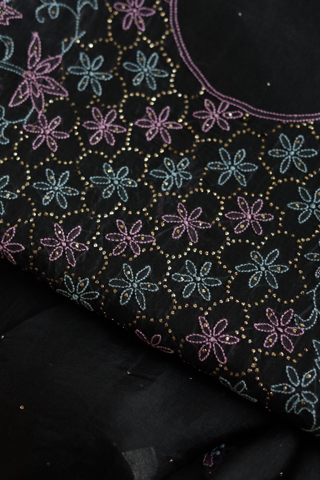 Noor Organza Silk Chikankari Mukaish Kamdani Unstitched Fabric
