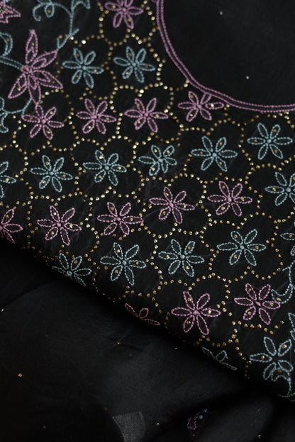 Noor Organza Silk Chikankari Mukaish Kamdani Unstitched Fabric