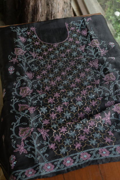 Noor Organza Silk Chikankari Mukaish Kamdani Unstitched Fabric