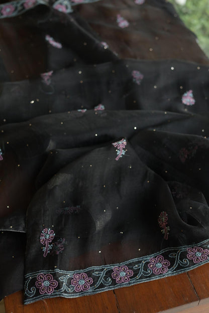 Noor Organza Silk Chikankari Mukaish Kamdani Unstitched Fabric