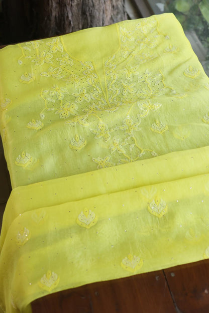 Yellow Noor Organza Silk Chikankari Unstitched Kurta Dupatta Set