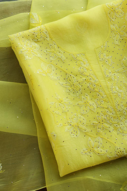 Yellow Noor Organza Silk Chikankari Unstitched Kurta Dupatta Set