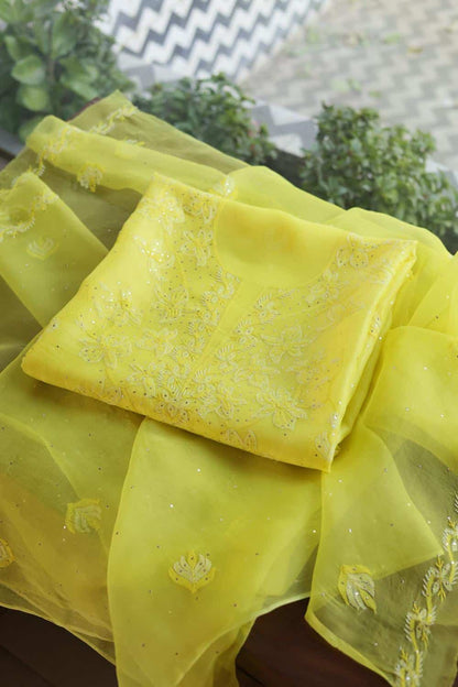 Yellow Noor Organza Silk Chikankari Unstitched Kurta Dupatta Set