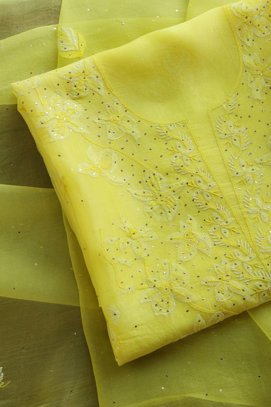 Yellow Noor Organza Silk Chikankari Unstitched Kurta Dupatta Set