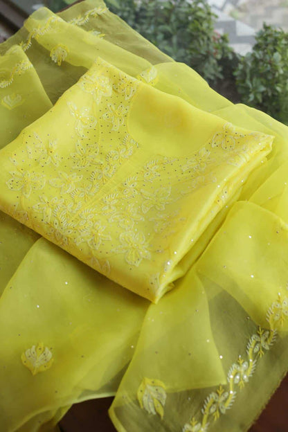 Yellow Noor Organza Silk Chikankari Unstitched Kurta Dupatta Set