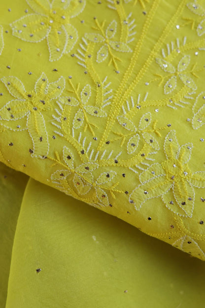Yellow Noor Organza Silk Chikankari Unstitched Kurta Dupatta Set