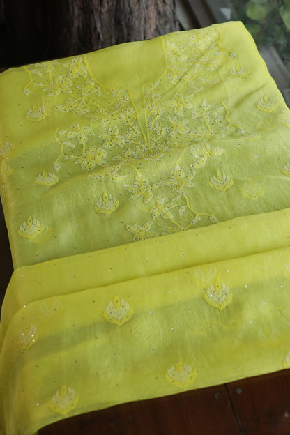 Yellow Noor Organza Silk Chikankari Unstitched Kurta Dupatta Set