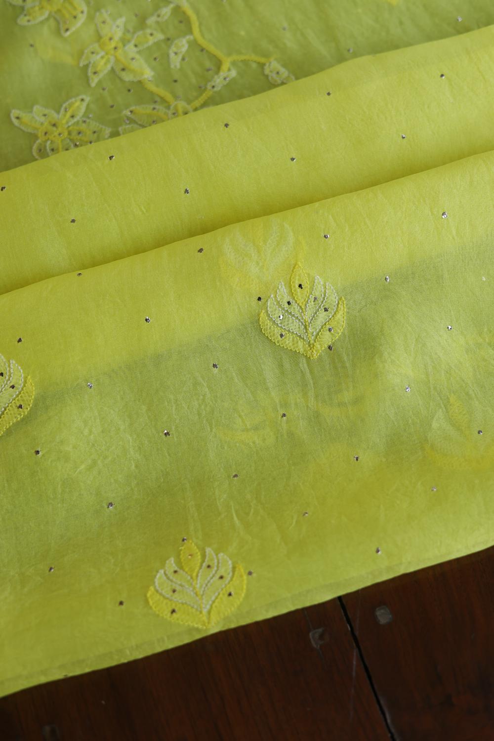 Yellow Noor Organza Silk Chikankari Unstitched Kurta Dupatta Set